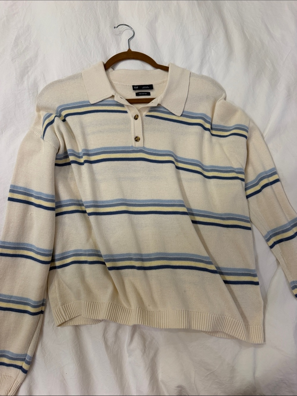 GAP Cream Crewneck Polo Sweater with Blue Stripes